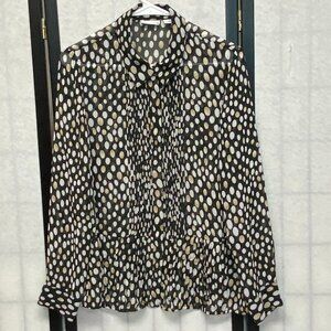 Liz Claiborne Sheer Pintuck Peplum Front Long Sleeve Polka Dot Button Blouse L